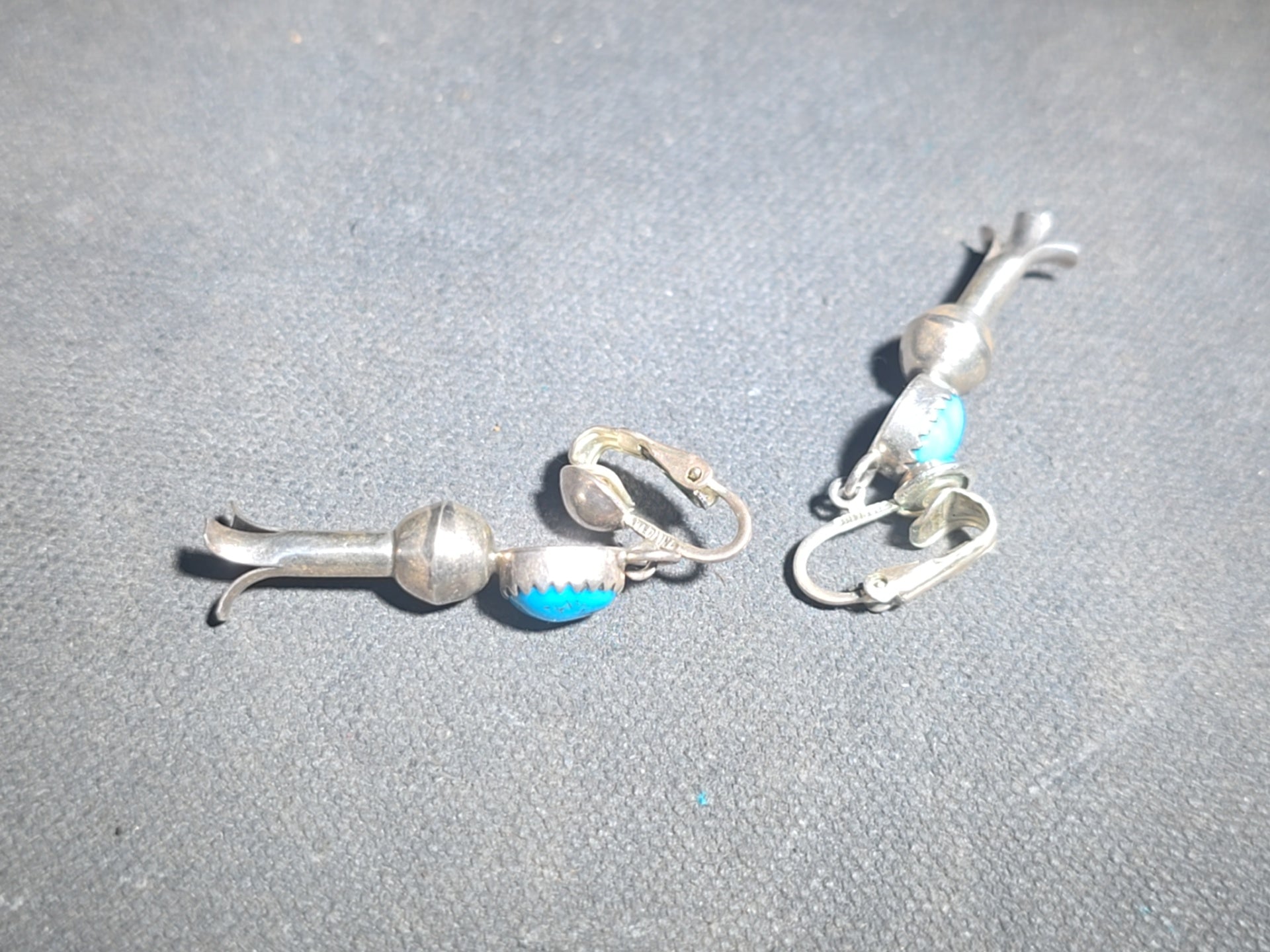 Pair of Vintage Southwestern Sterling Silver and Turquoise Squash Blossom Dangle Earrings