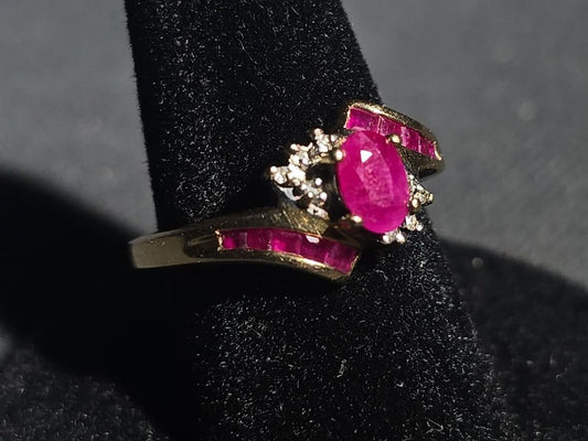 10K Gold Ruby and Diamond Bypass Ring with Oval Center Stone and Baguette Ruby Accents, Unmarked