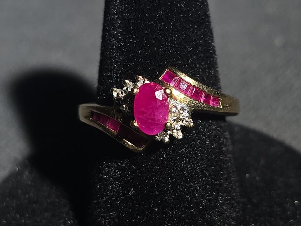 10K Gold Ruby and Diamond Bypass Ring with Oval Center Stone and Baguette Ruby Accents, Unmarked