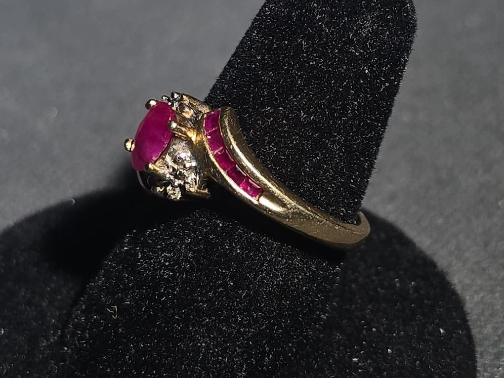 10K Gold Ruby and Diamond Bypass Ring with Oval Center Stone and Baguette Ruby Accents, Unmarked