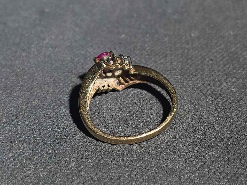 10K Gold Ruby and Diamond Bypass Ring with Oval Center Stone and Baguette Ruby Accents, Unmarked