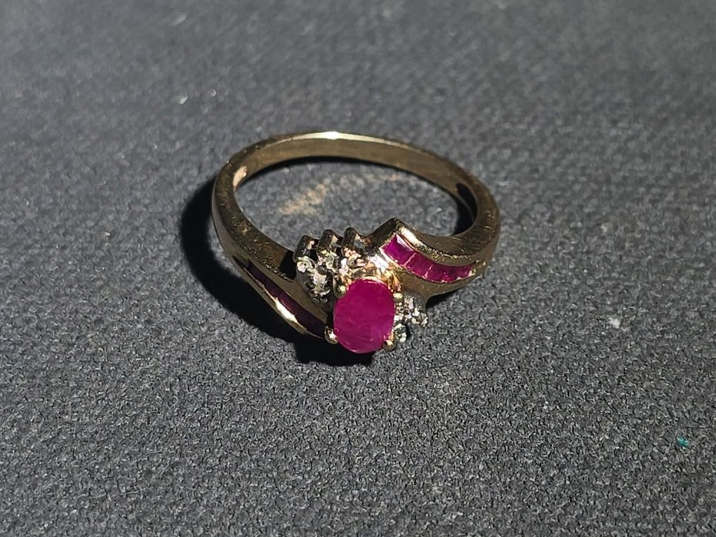 10K Gold Ruby and Diamond Bypass Ring with Oval Center Stone and Baguette Ruby Accents, Unmarked