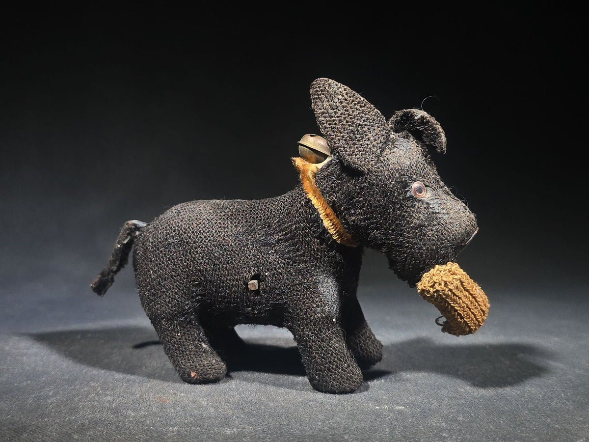 Antique Black Fabric-Covered Wind-Up Dog Toy with Glass Eyes, Crocheted Muzzle, Bell Collar, and Key