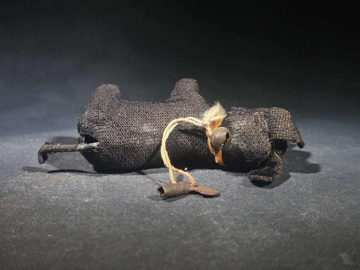 Antique Black Fabric-Covered Wind-Up Dog Toy with Glass Eyes, Crocheted Muzzle, Bell Collar, and Key