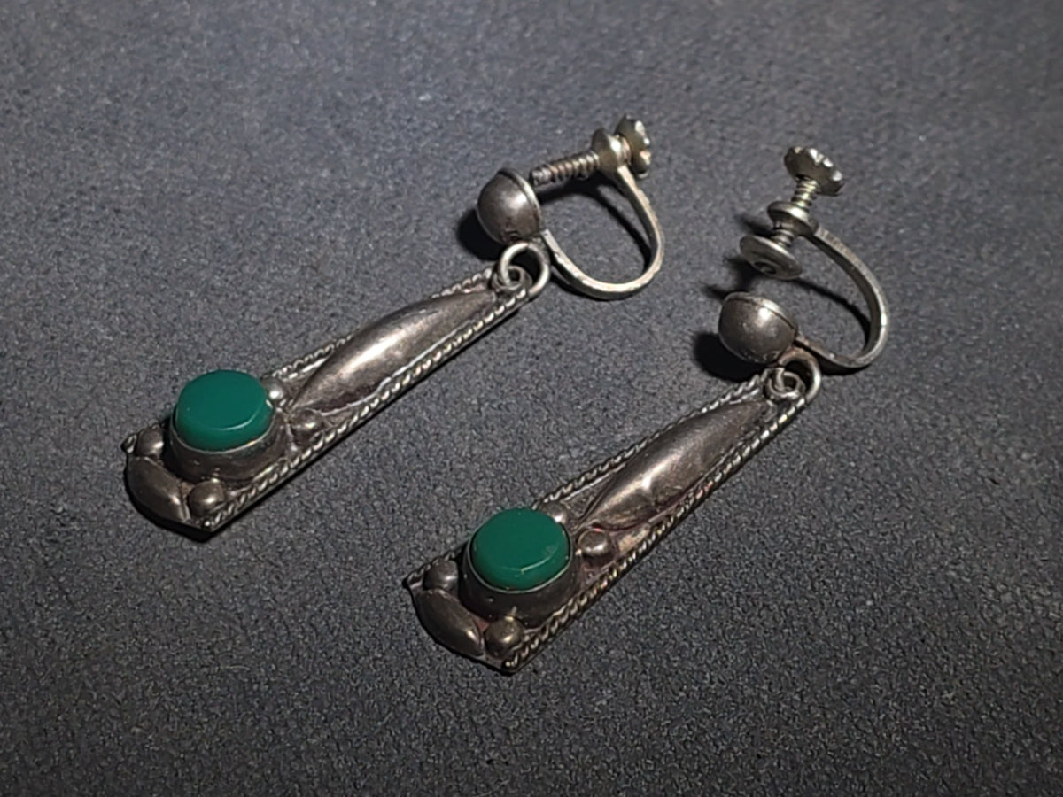 Pair of Vintage Southwestern Sterling Silver Screw-Back Drop Earrings with Green Stone Cabochons and Rope Wire Detailing