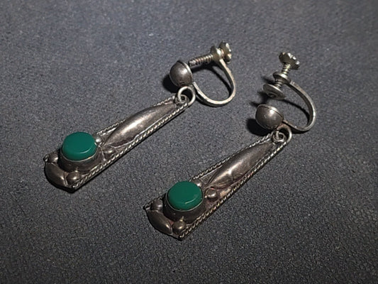 Pair of Vintage Southwestern Sterling Silver Screw-Back Drop Earrings with Green Stone Cabochons and Rope Wire Detailing