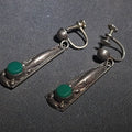 Lot 081 - Pair of Vintage Southwestern Sterling Silver Screw-Back Drop Earrings with Green Stone Cabochons and Rope Wire Detailing, Total Weight 6.06 g