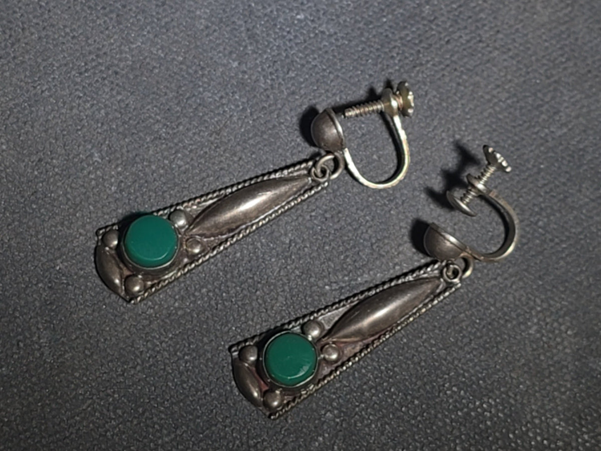 Pair of Vintage Southwestern Sterling Silver Screw-Back Drop Earrings with Green Stone Cabochons and Rope Wire Detailing