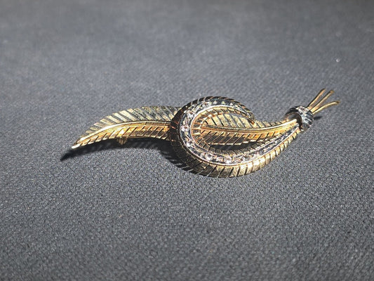 18K Gold Feather Brooch with Rhinestones