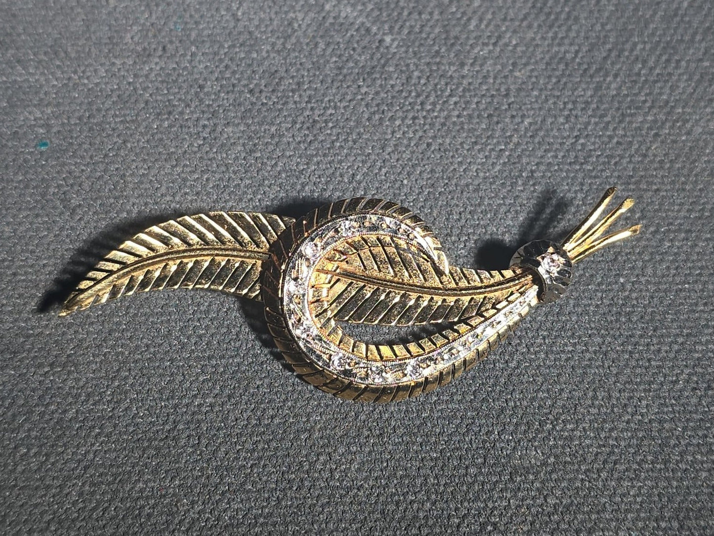 18K Gold Feather Brooch with Rhinestones