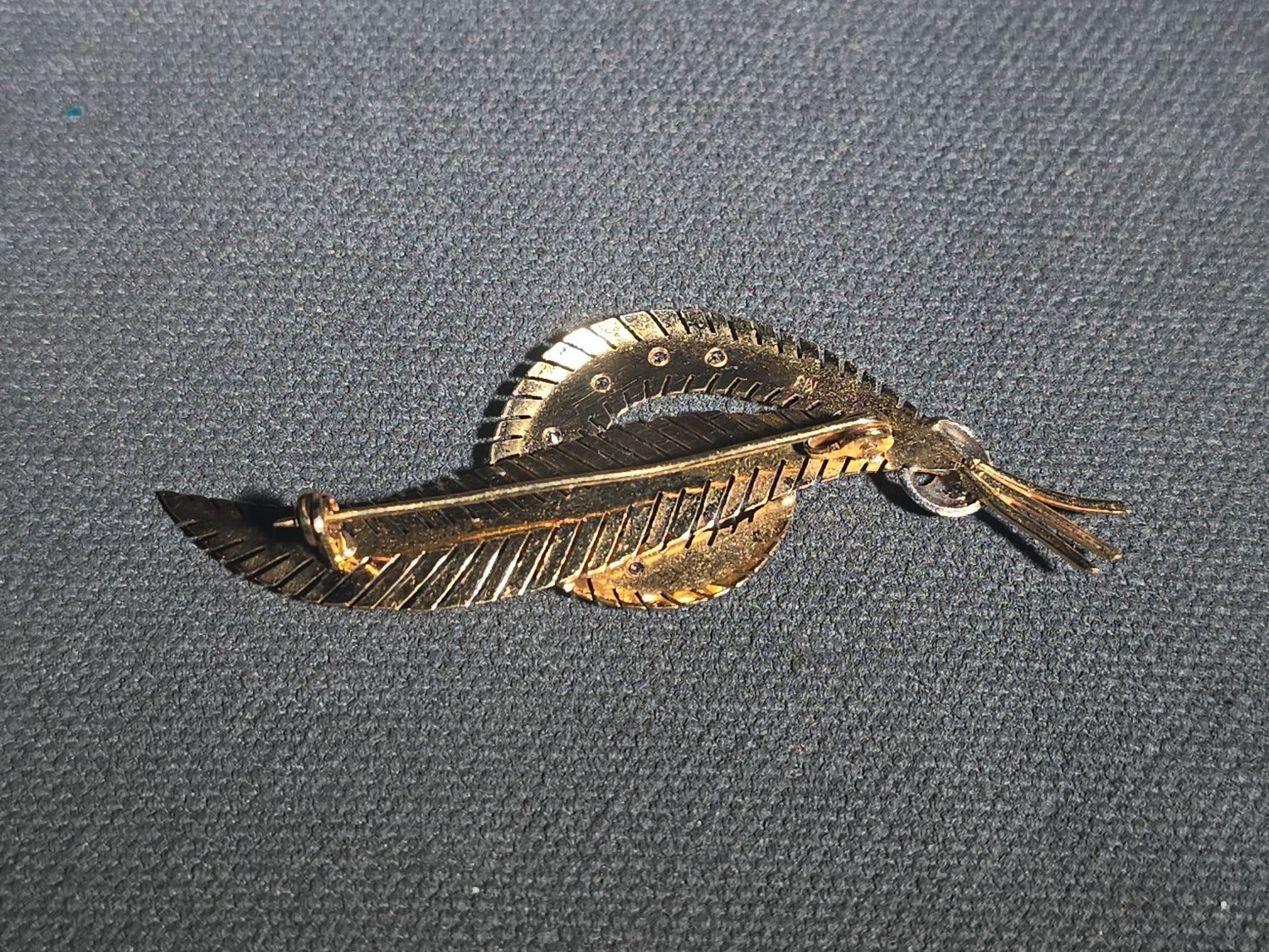 18K Gold Feather Brooch with Rhinestones