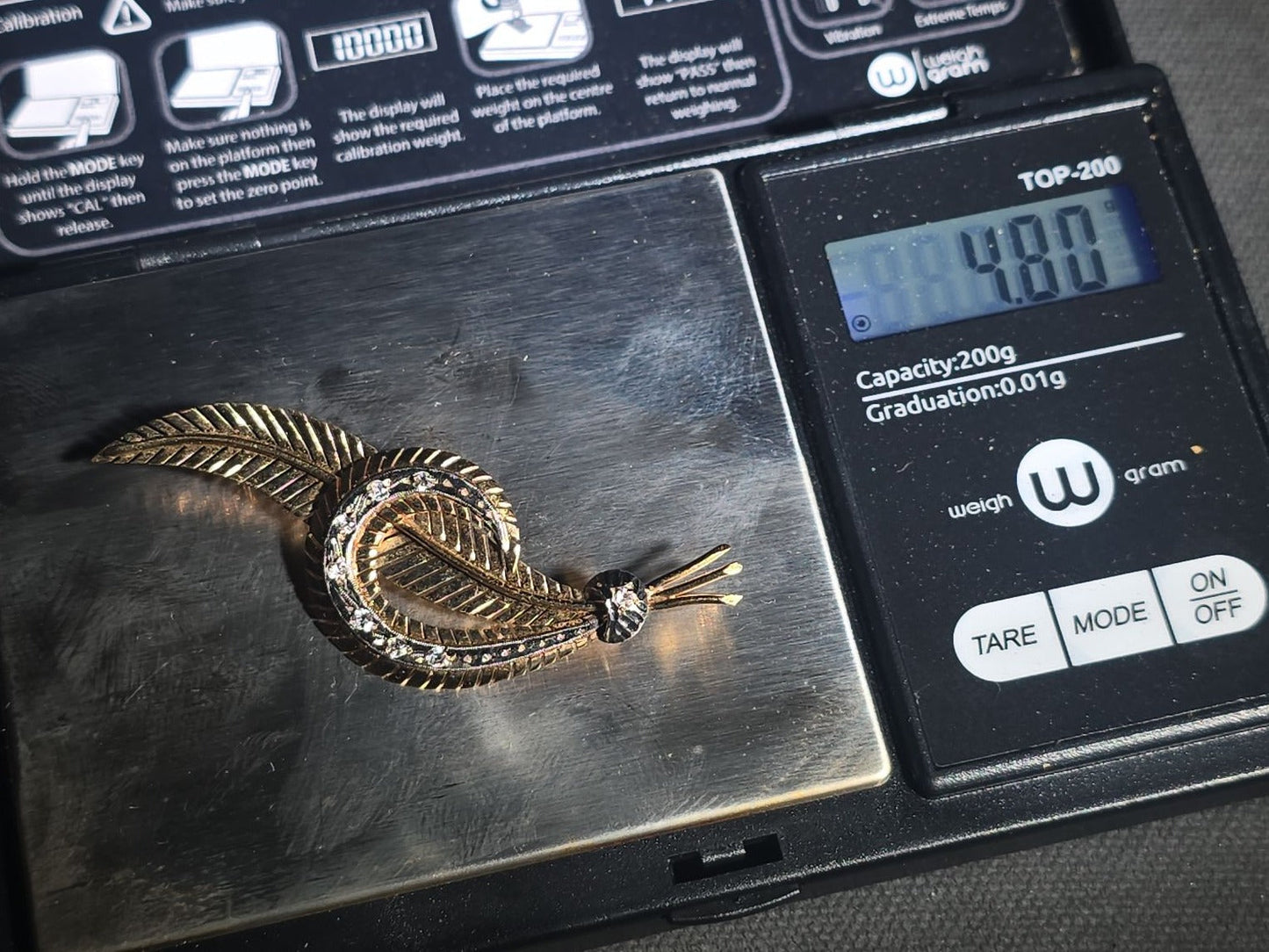 18K Gold Feather Brooch with Rhinestones