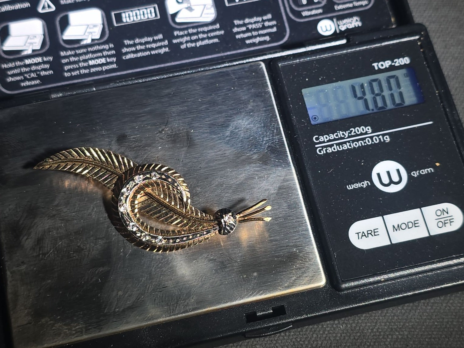 18K Gold Feather Brooch with Rhinestones