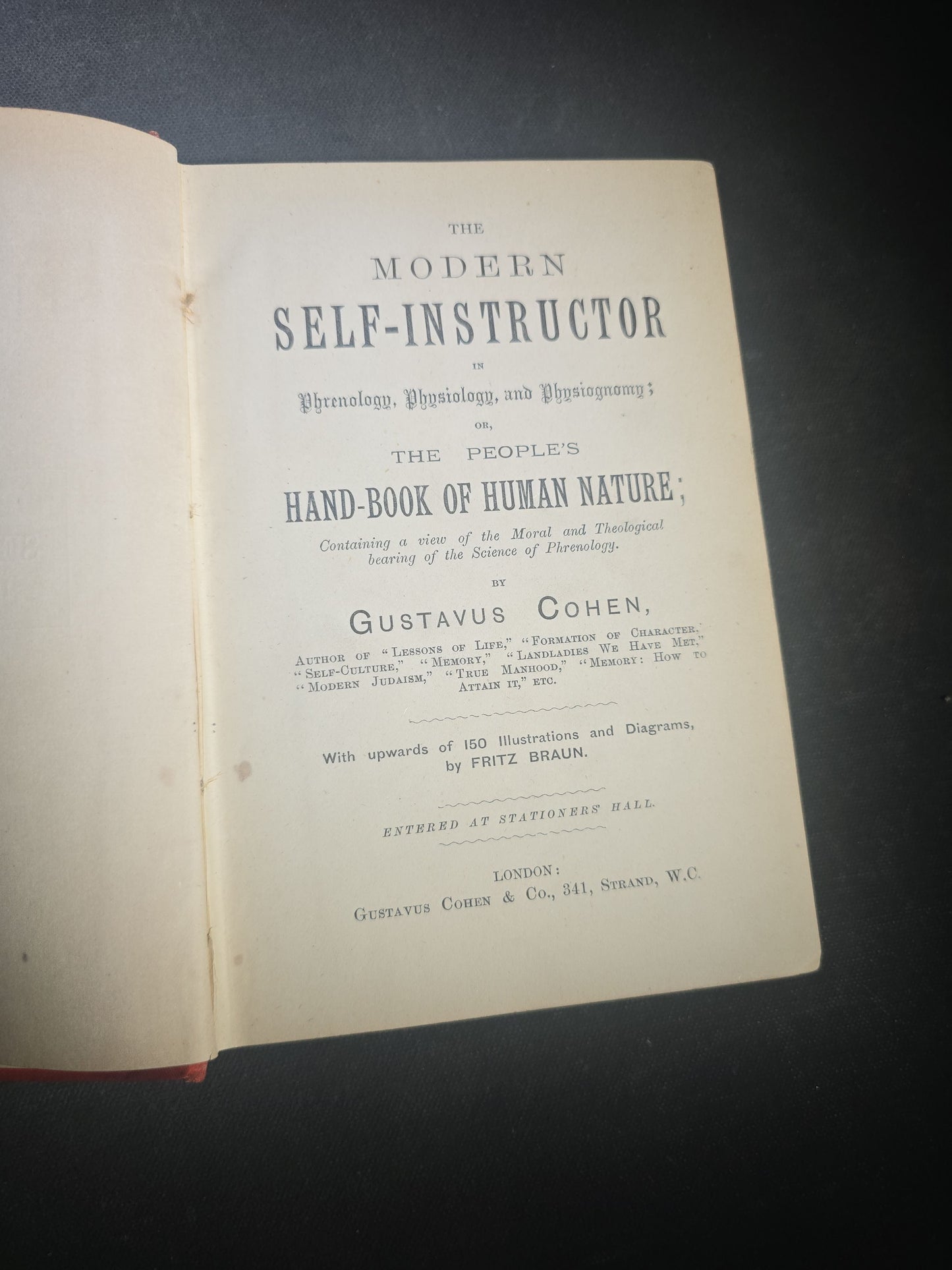 "The Modern Self-Instructor in Phrenology, Physiology, and Physiognomy" Antique Illustrated Phrenology Book by Gustavus Cohen, Illustrated by Fritz Braun, Published by Gustavus Cohen & Co., London