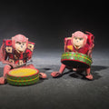 Lot 130 - Pair of Vintage Rubber and Tin Lithograph Drumming Monkey Toys with Fabric Jackets, Note Missing Arm, Splits in Rubber, 2-1/2" H each
