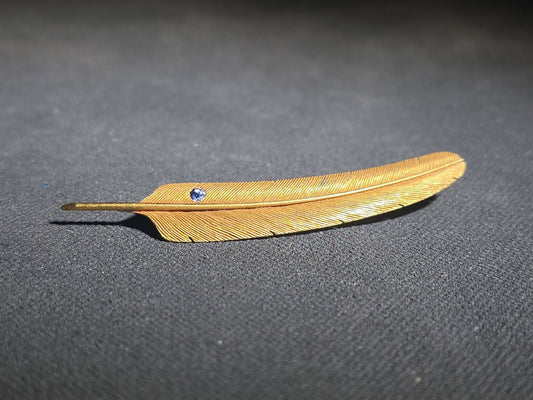 14K Gold Feather Brooch with Blue Stone Accent