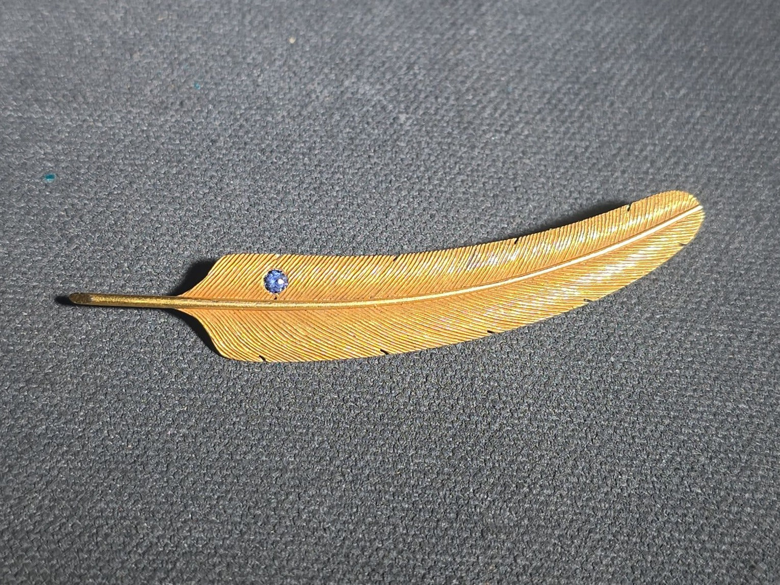 14K Gold Feather Brooch with Blue Stone Accent