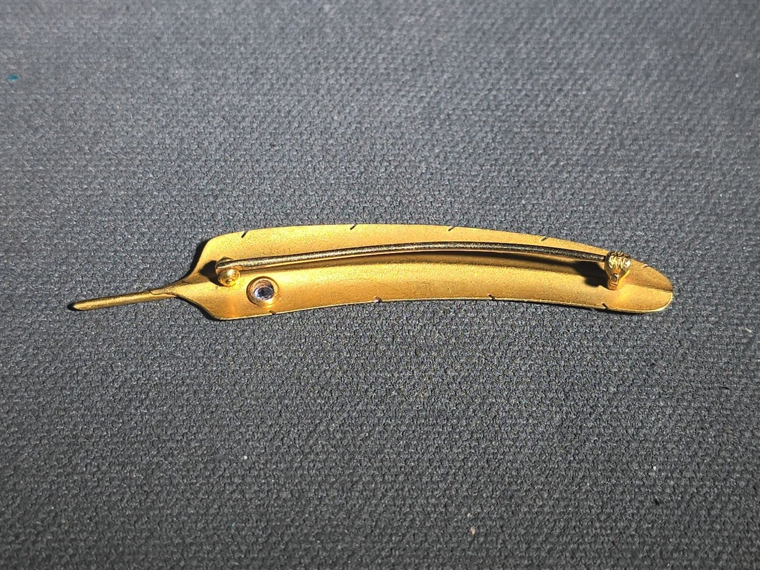 14K Gold Feather Brooch with Blue Stone Accent
