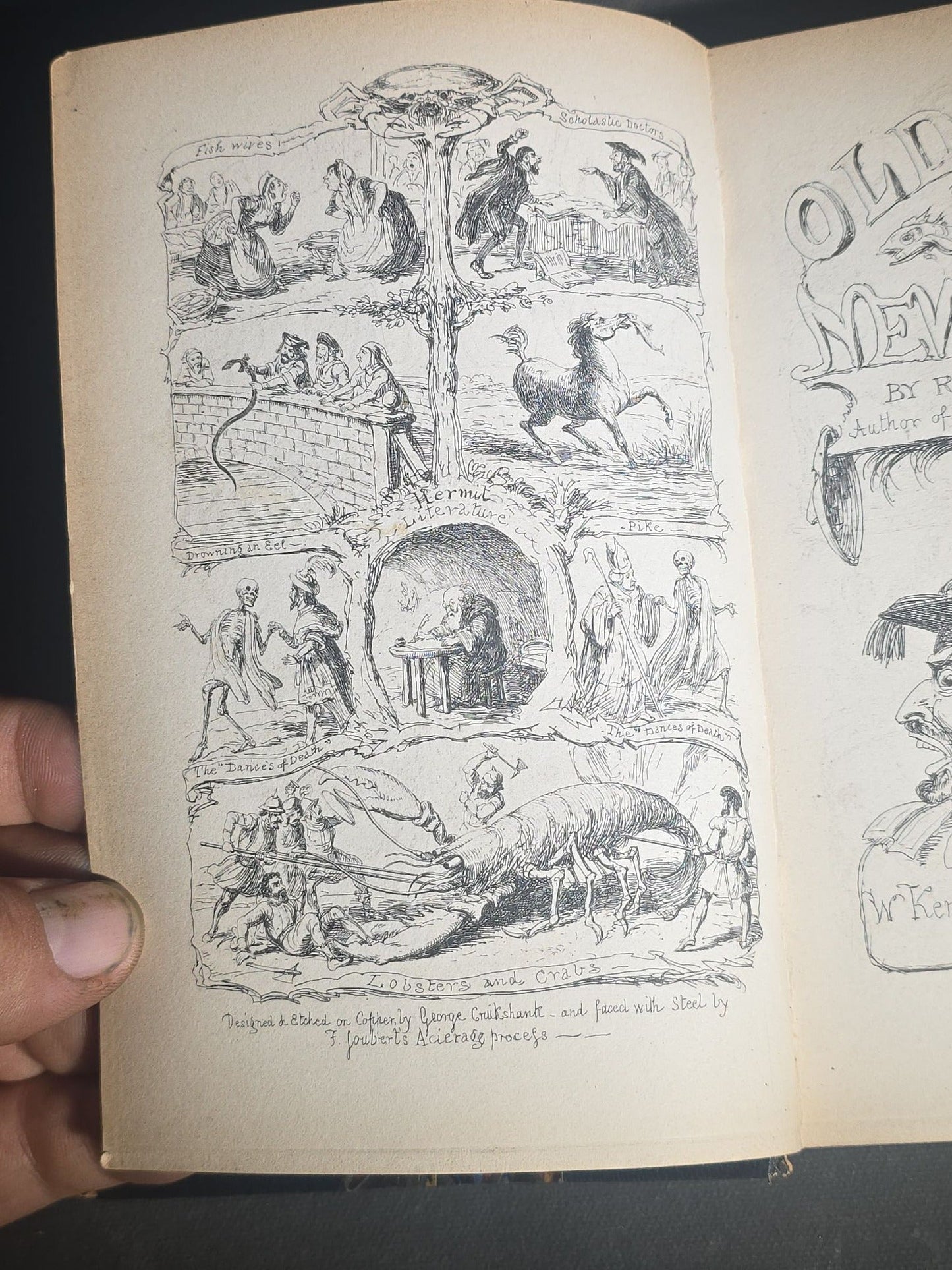 "Old Faces in New Masks" Antique Book by Robert Blakey with Etched Frontispiece by George Cruikshank, Published by W. Kent & Co., London, 1859, Arnold Wood Ex Libris Bookplate