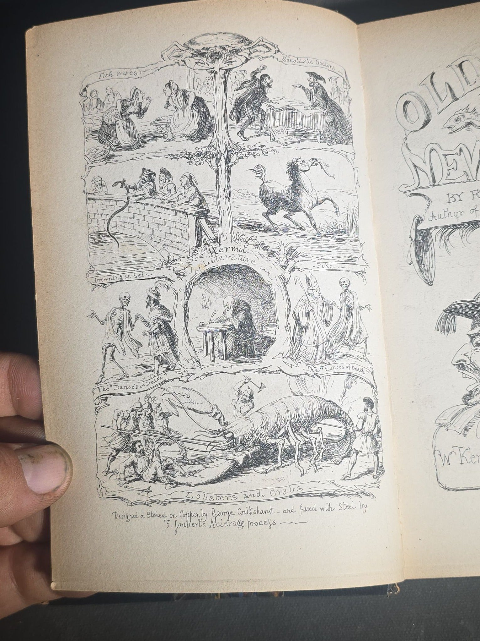 "Old Faces in New Masks" Antique Book by Robert Blakey with Etched Frontispiece by George Cruikshank, Published by W. Kent & Co., London, 1859, Arnold Wood Ex Libris Bookplate