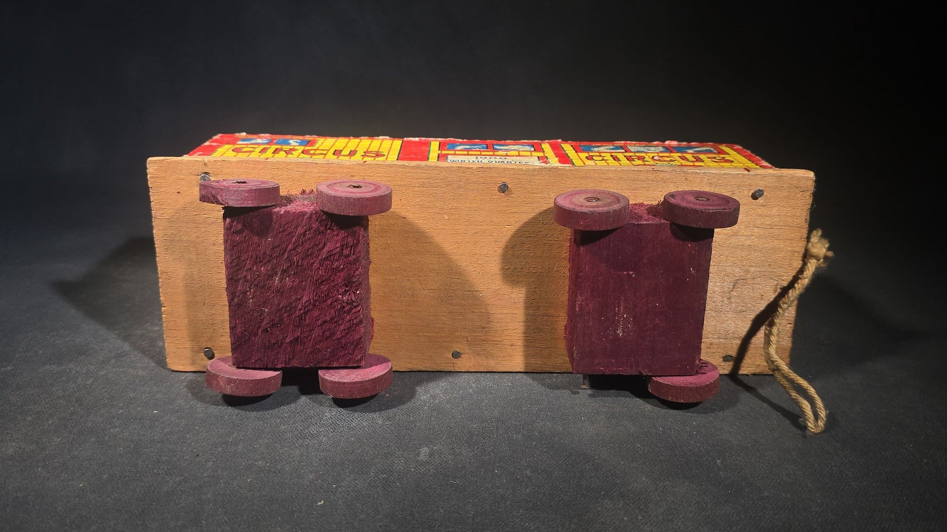 Antique N.D.C. & Co. Wooden Circus Car No. 1909 Pull Toy with Paper Lithograph Graphics and Eight Wooden Animal Figures, Note Missing One Wheel