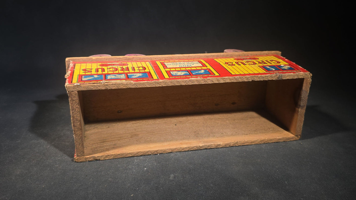 Antique N.D.C. & Co. Wooden Circus Car No. 1909 Pull Toy with Paper Lithograph Graphics and Eight Wooden Animal Figures, Note Missing One Wheel