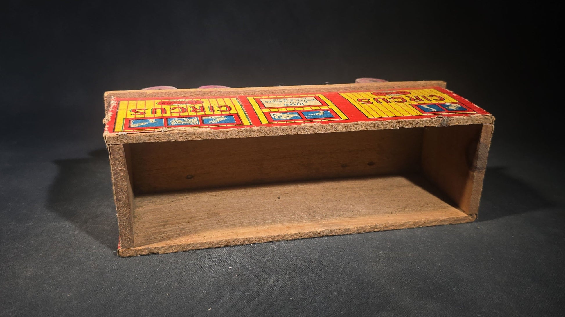 Antique N.D.C. & Co. Wooden Circus Car No. 1909 Pull Toy with Paper Lithograph Graphics and Eight Wooden Animal Figures, Note Missing One Wheel