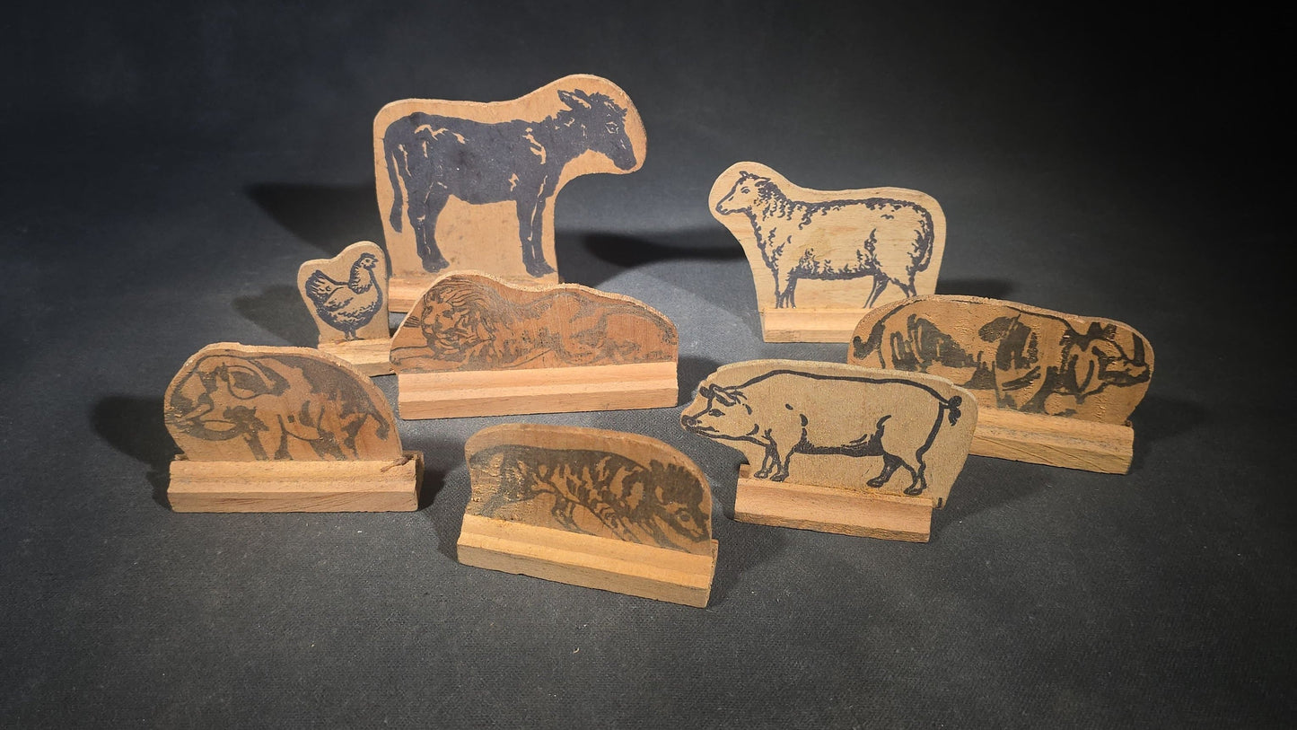 Antique N.D.C. & Co. Wooden Circus Car No. 1909 Pull Toy with Paper Lithograph Graphics and Eight Wooden Animal Figures, Note Missing One Wheel