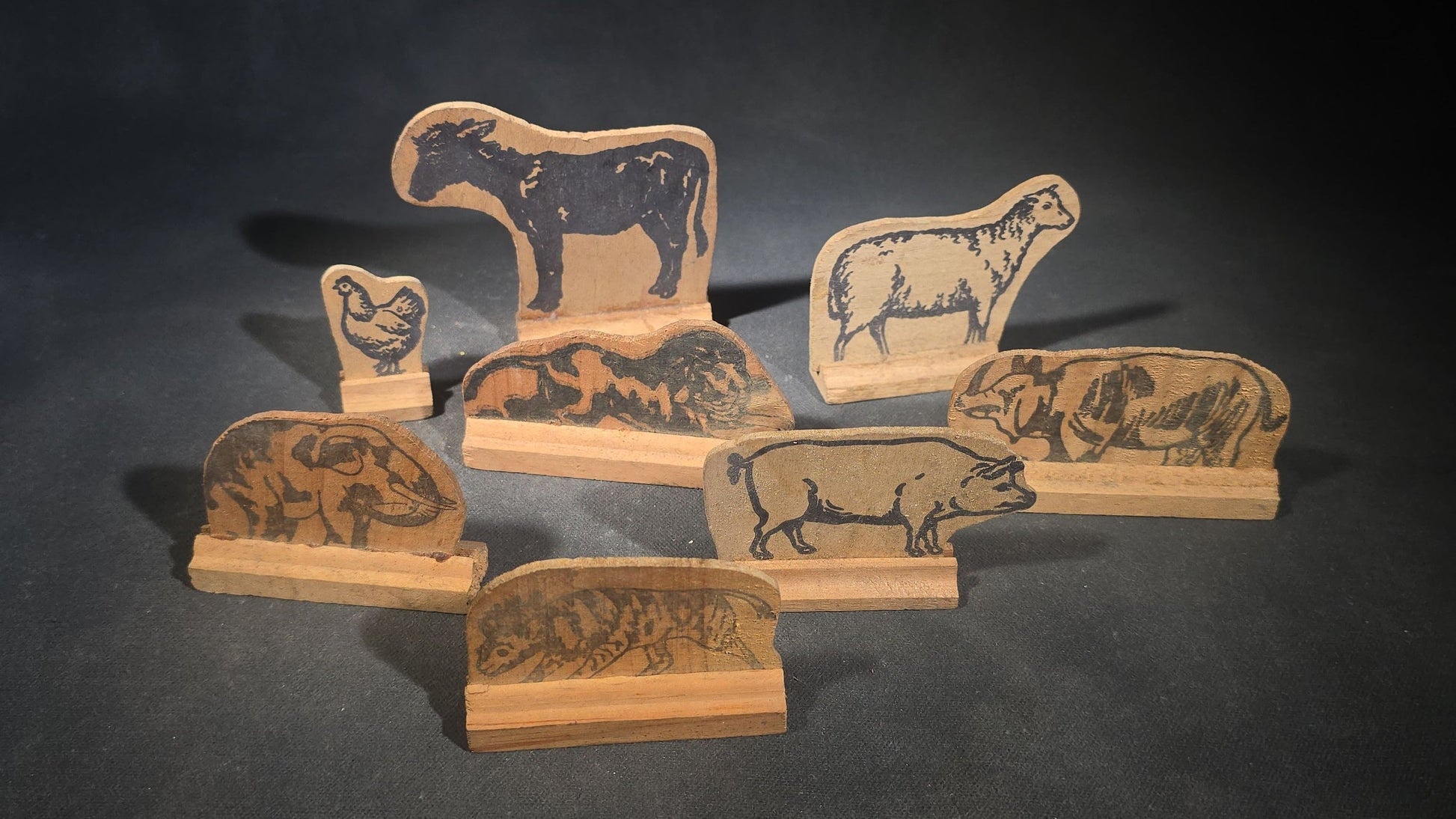 Antique N.D.C. & Co. Wooden Circus Car No. 1909 Pull Toy with Paper Lithograph Graphics and Eight Wooden Animal Figures, Note Missing One Wheel