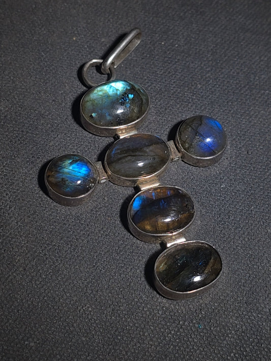 Vintage Unmarked Sterling Silver Cross Pendant with Labradorite Cabochons