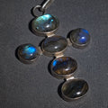 Lot 082 - Vintage Unmarked Sterling Silver Cross Pendant with Labradorite Cabochons, 1-7/8" W x 2-3/4" H, Total Weight 21.93 g