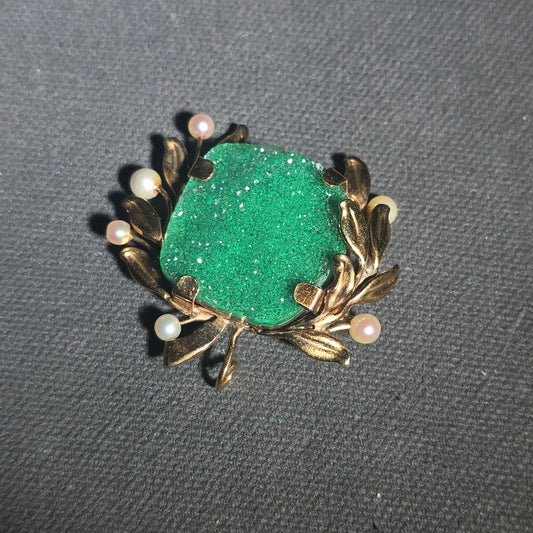 14K Gold Brooch with Green Uvarovite Garnet Druzy Stone and Pearls in Foliate Setting