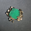 Lot 034 - 14k Gold Brooch with Green Uvarovite Garnet Druzy Stone and Pearls in Foliate Setting, 1-1/2" L