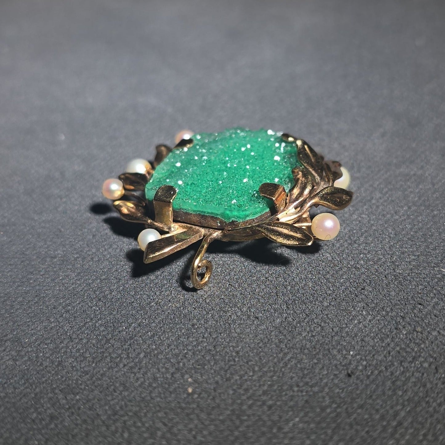 14K Gold Brooch with Green Uvarovite Garnet Druzy Stone and Pearls in Foliate Setting