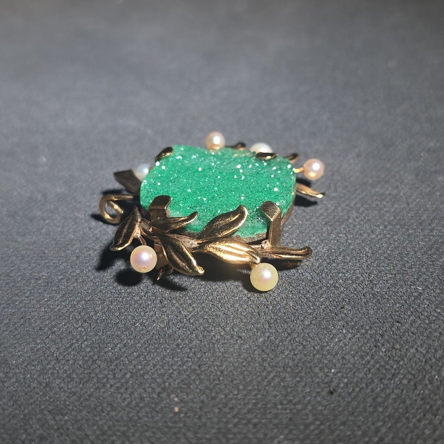 14K Gold Brooch with Green Uvarovite Garnet Druzy Stone and Pearls in Foliate Setting