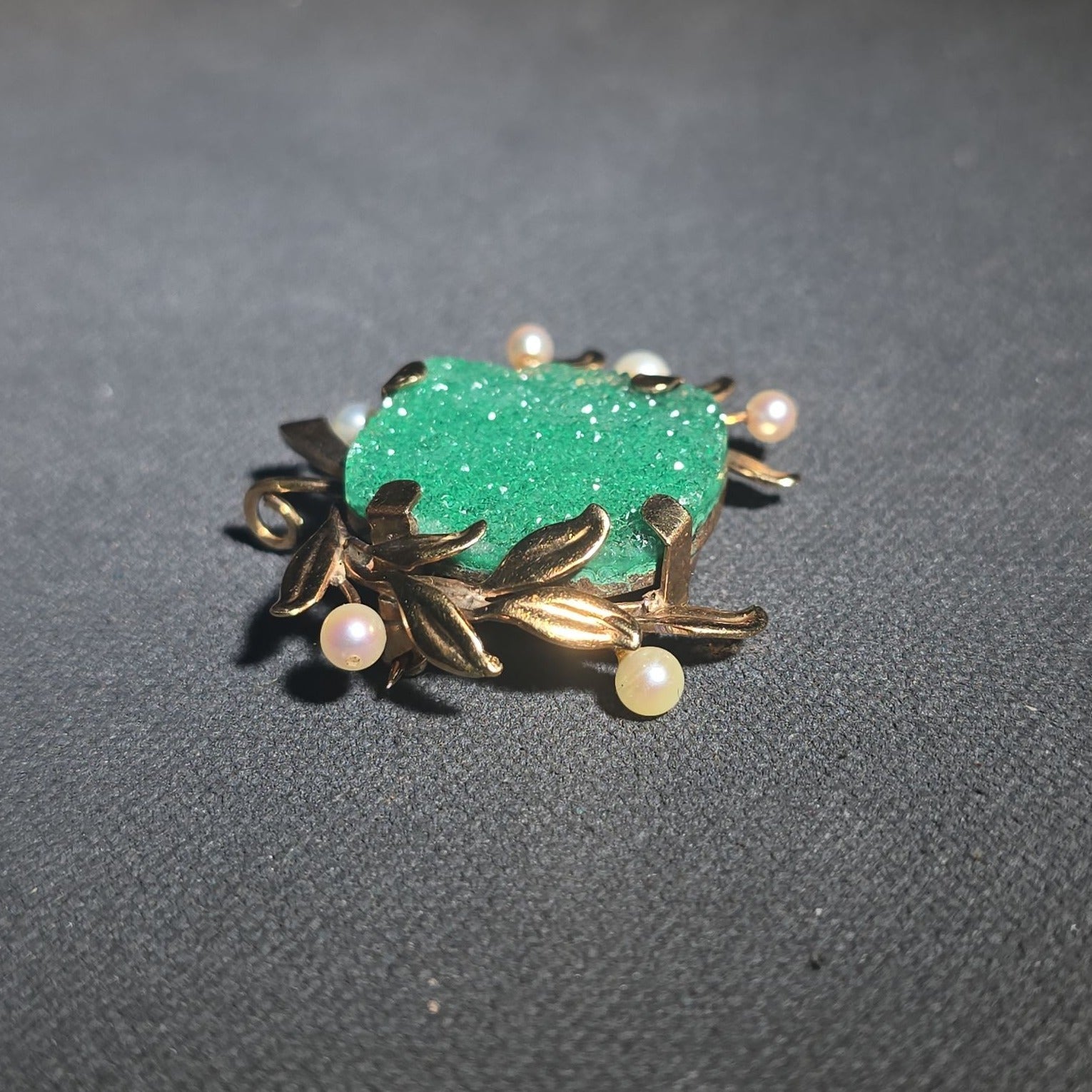 14K Gold Brooch with Green Uvarovite Garnet Druzy Stone and Pearls in Foliate Setting