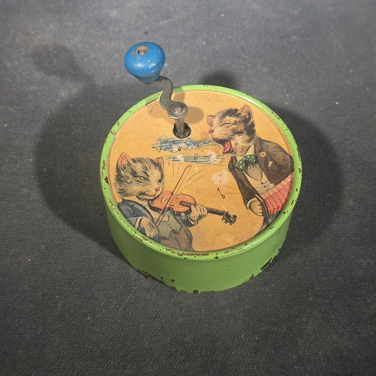 Vintage Swiss Tin Lithograph Crank Music Box with Anthropomorphic Cats Playing Violin and Singing