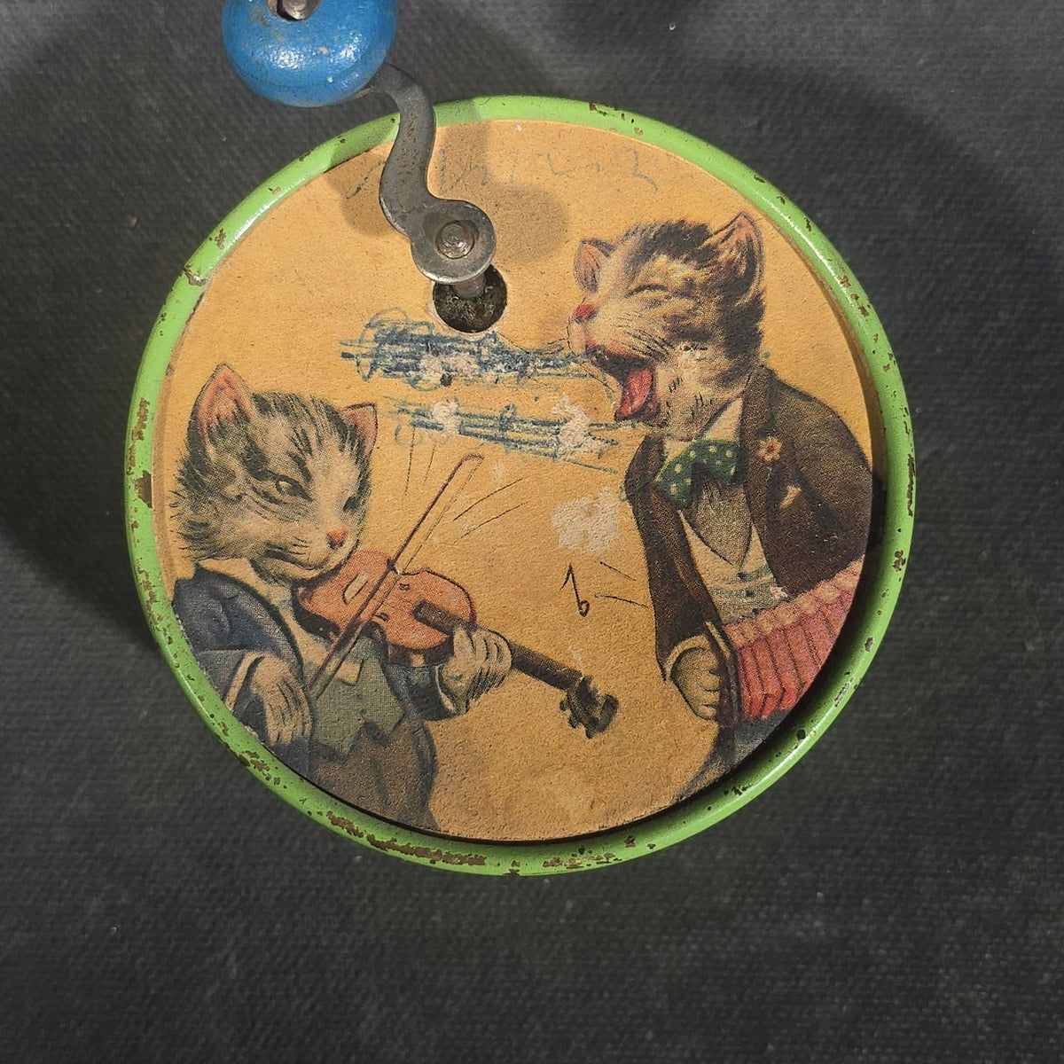 Vintage Swiss Tin Lithograph Crank Music Box with Anthropomorphic Cats Playing Violin and Singing