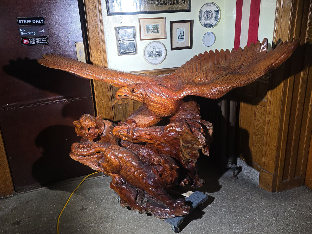 Vintage Large Carved Wood Eagle and Tigers Battle Royale Sculpture