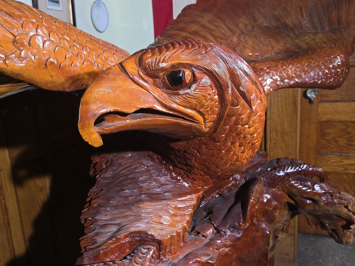 Vintage Large Carved Wood Eagle and Tigers Battle Royale Sculpture