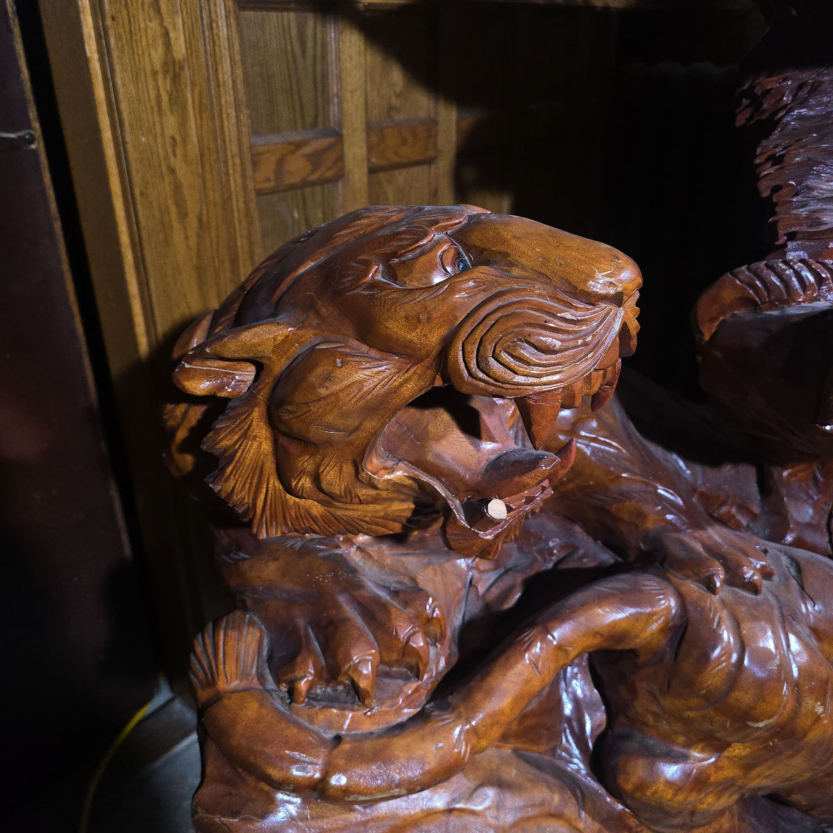 Vintage Large Carved Wood Eagle and Tigers Battle Royale Sculpture