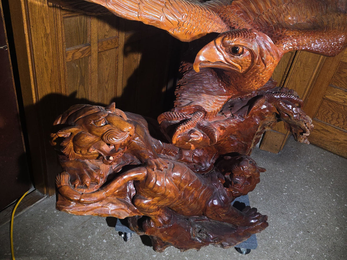 Vintage Large Carved Wood Eagle and Tigers Battle Royale Sculpture