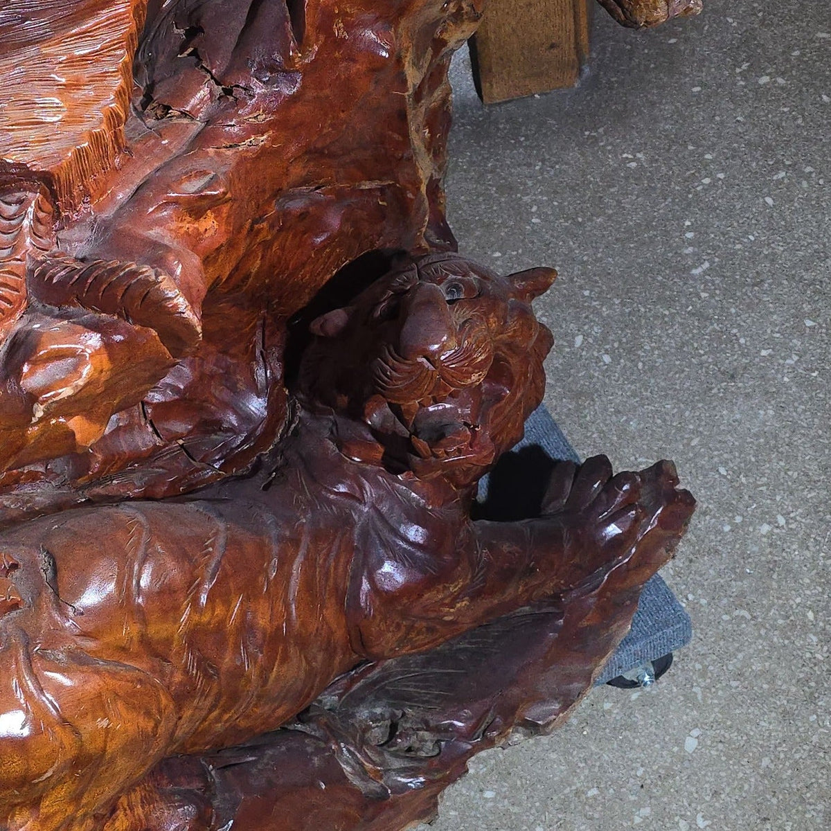 Vintage Large Carved Wood Eagle and Tigers Battle Royale Sculpture