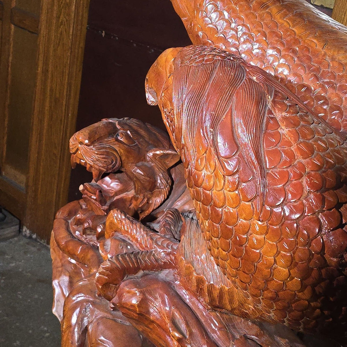 Vintage Large Carved Wood Eagle and Tigers Battle Royale Sculpture