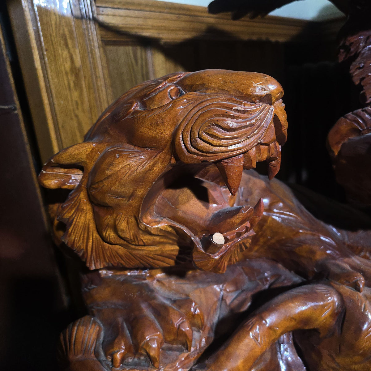 Vintage Large Carved Wood Eagle and Tigers Battle Royale Sculpture