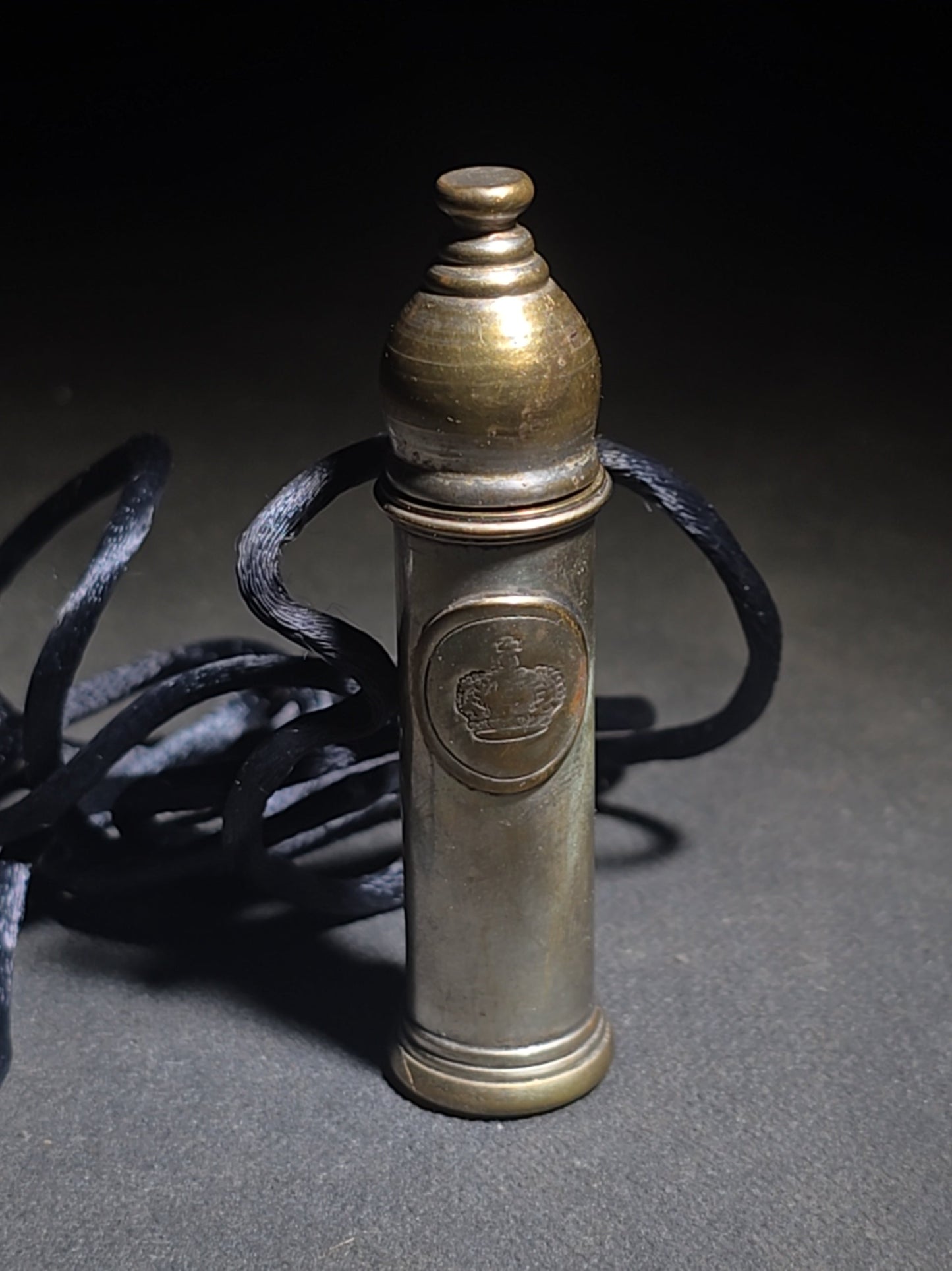Antique Brass Nanny Bubble Blower with Crown Emblem, Cork Stopper, Wire Loop Wand, and Lanyard