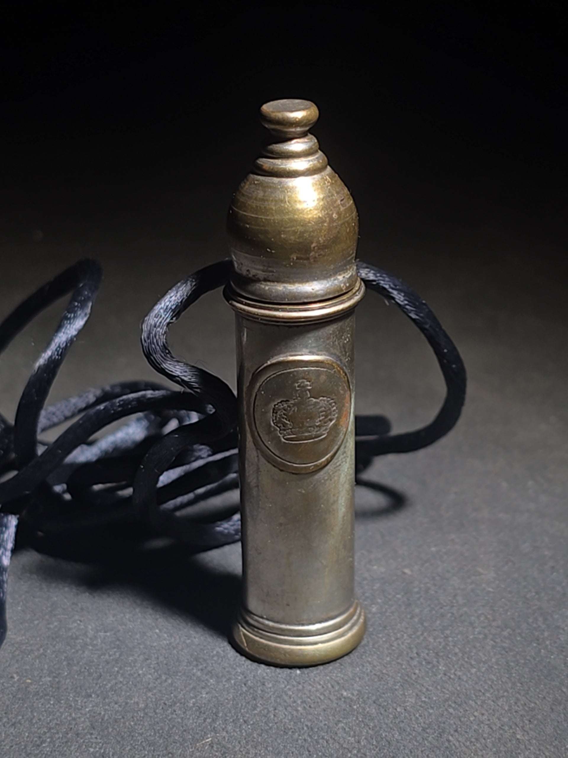 Antique Brass Nanny Bubble Blower with Crown Emblem, Cork Stopper, Wire Loop Wand, and Lanyard