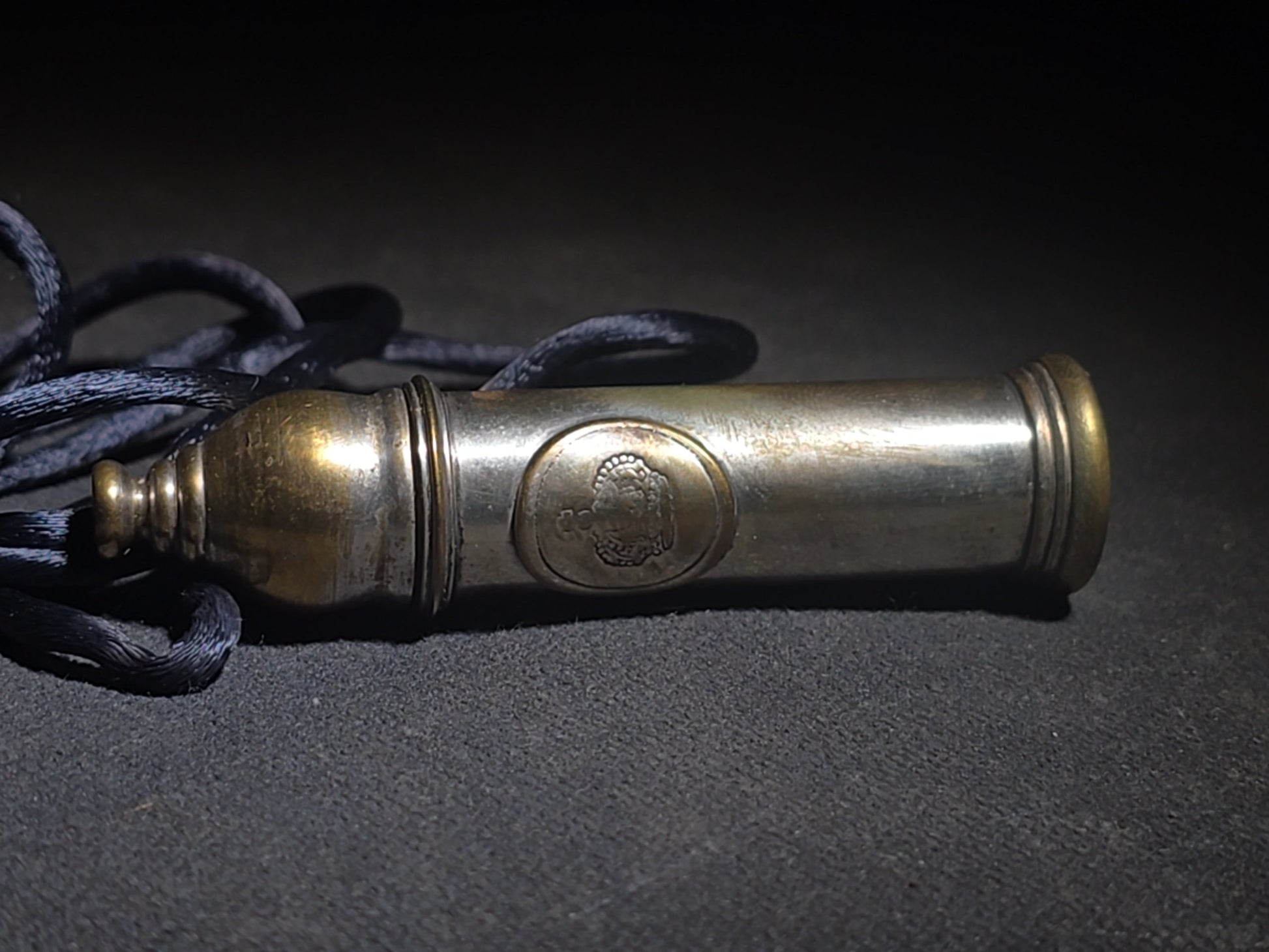 Antique Brass Nanny Bubble Blower with Crown Emblem, Cork Stopper, Wire Loop Wand, and Lanyard