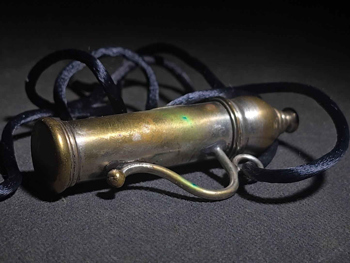 Antique Brass Nanny Bubble Blower with Crown Emblem, Cork Stopper, Wire Loop Wand, and Lanyard