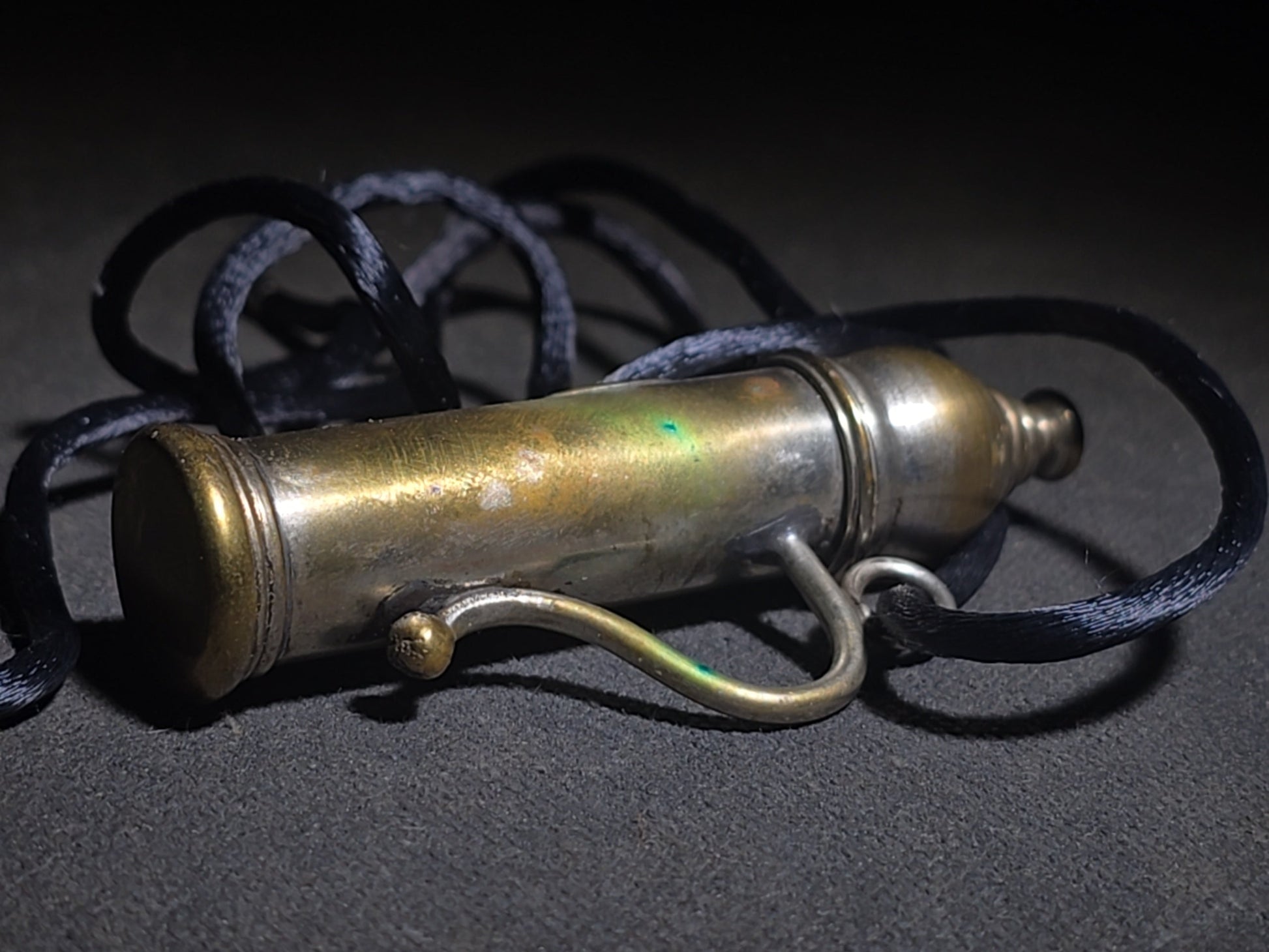 Antique Brass Nanny Bubble Blower with Crown Emblem, Cork Stopper, Wire Loop Wand, and Lanyard